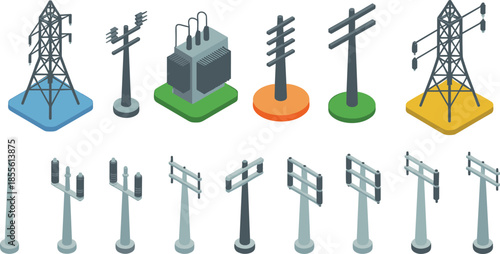 Isometric electrical infrastructure icons set, power poles transmission towers transformers, electricity distribution network, utility grid elements, modern energy vector illustration
