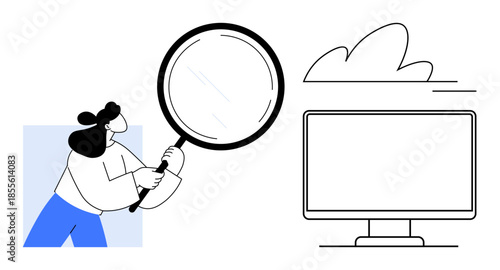 Data analysis, digital search, online investigation, cloud computing, technology, internet security. Person with magnifying glass facing a computer monitor and a cloud. Data analysis and digital