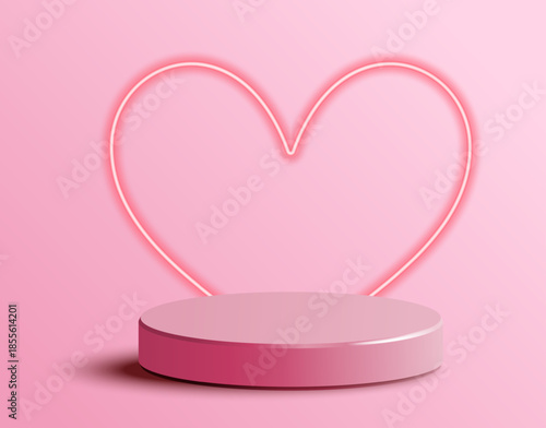 Valentines Day sale podium decorated with glowing neon heart on soft pink background. Elegant romantic scene for product display, cosmetics advertising, ceremony, or festive awards design. Vector