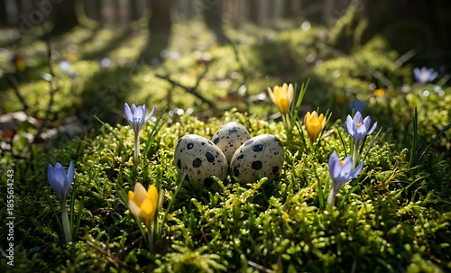 AI GENERATED: Macro of speckled quail eggs nestled in vibrant green moss with blue and yellow crocus flowers under dappled forest sunlight