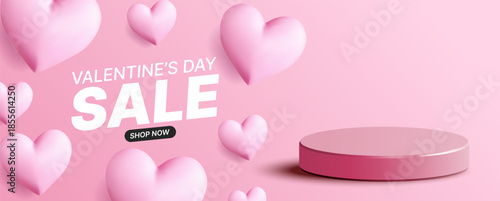 Valentines Day Sale banner with cute 3D pink hearts and soft romantic design. Perfect for holiday shopping promotions, discounts, love-themed marketing, and seasonal advertising.