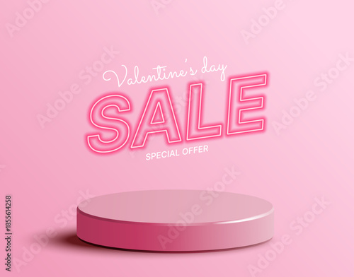 Valentines Day sale special offer banner with glowing neon text and pink podium on soft romantic background. Elegant 3D design for love-themed shopping, holiday promotions, and festive advertising