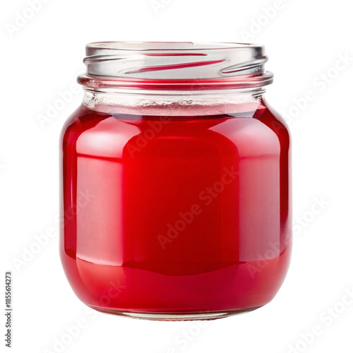 Glass jar filled with red liquid on white background