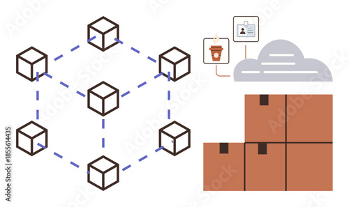 Blockchain nodes interconnected in a grid, brown boxes signifying supplies, cloud storage with identity verification. Ideal for digital ledger, logistics, tracking, supply chain, technology, data