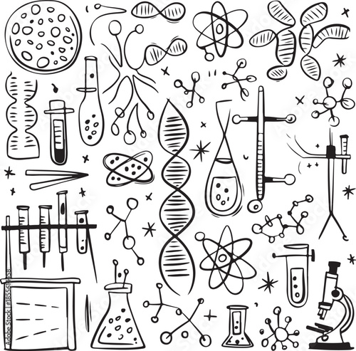Black and white illustration of various science and laboratory icons and symbols