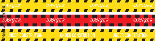 Yellow and black danger tape set. Caution warning tape in yellow red black diagonal stripes road line. hazardous warning tape. Seamless barrier. Abstract warning lines for police, accident, under cons