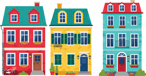 Colorful cartoon townhouse trio with flower boxes, balconies, and bikes for urban, residential, and architectural design themes.