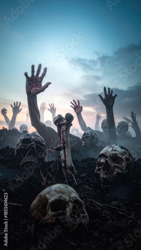 A horde of undead hands and skulls emerge from dark soil under a dramatic twilight sky.