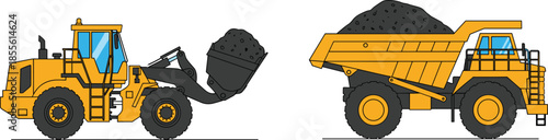 Construction scene with yellow front loader and dump truck filled with dark material for earthmoving, mining, and machinery themes.