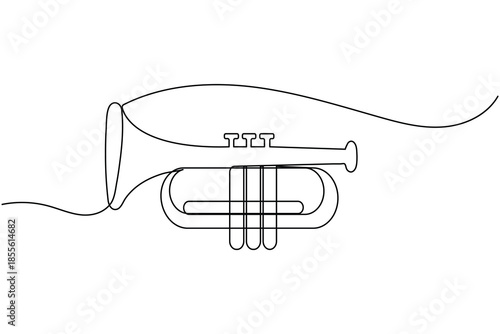 One line drawing of a brass trumpet for jazz and classical music design