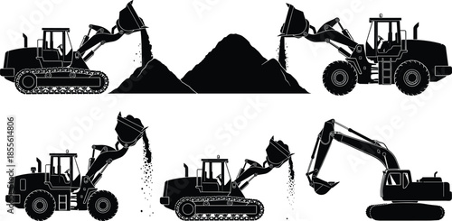 Construction vehicle silhouette set with bulldozers, wheel loaders, and excavator in action for building and earth-moving themes.