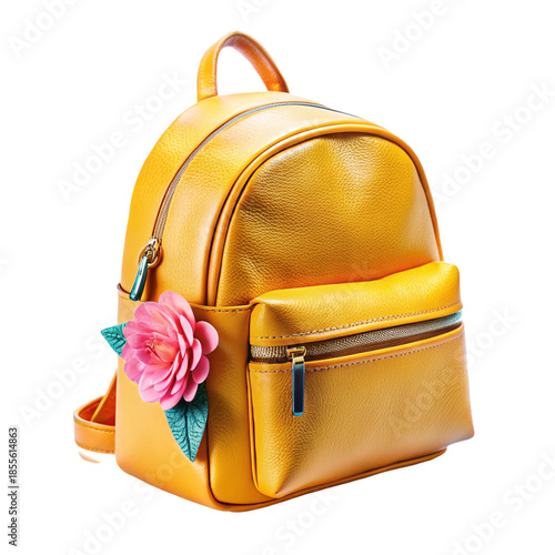 Yellow Leather Backpack with Pink Flower Decoration