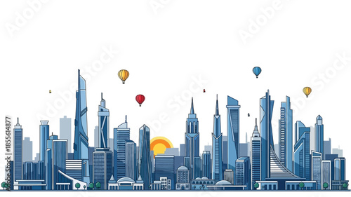 Vibrant illustrated cityscape depicting a modern urban skyline with sleek skyscrapers and hot air balloons under a bright sky, symbolizing future development and architectural progress