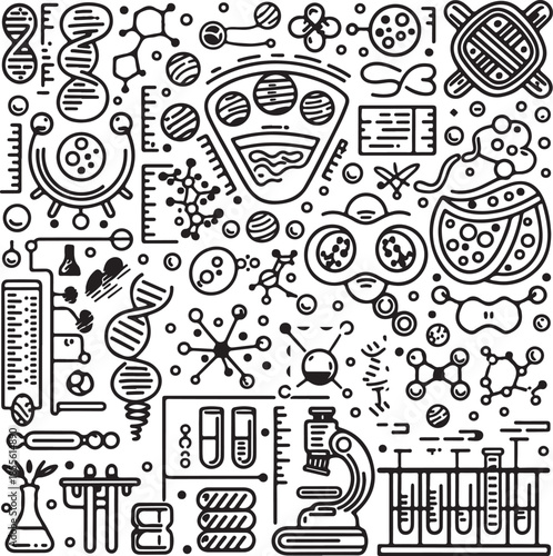 Science and biology laboratory equipment and symbols illustration
