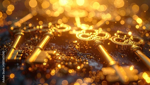 A row of ornate golden antique keys illuminated by brilliant, warm bokeh lighting.