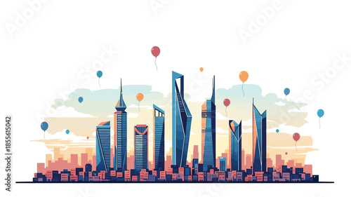 Vibrant illustrated modern city skyline with sleek skyscrapers and festive balloons against a colorful gradient sky, depicting contemporary urban architecture and lively celebration