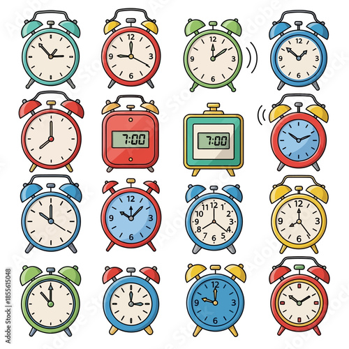 Collection of colorful alarm clocks.