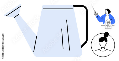 Large watering can symbolizing growth, paired with instructor holding a list and a profile portrait. Ideal for teaching, innovation, personal development, education, creativity, leadership, simple