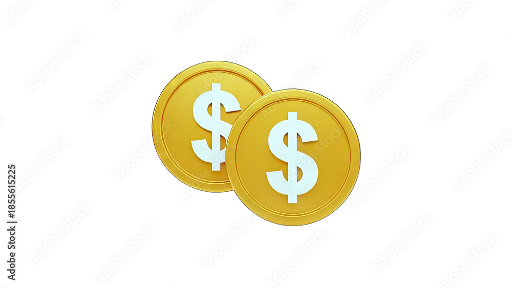 Obraz premium 3D Two golden dollar coins with dollar signs on transparent background