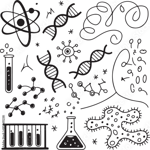 Black and white illustration of various science and biology related elements