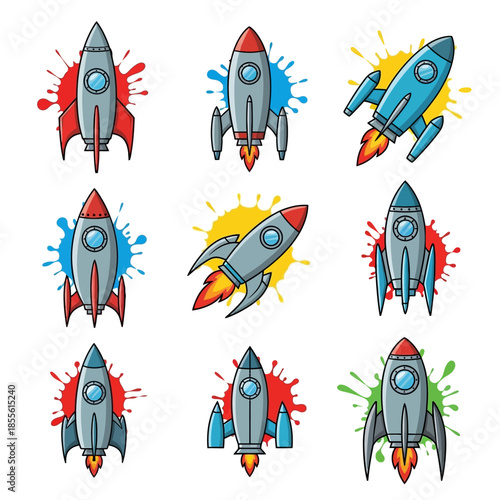 Colorful cartoon rocket ship icons set.