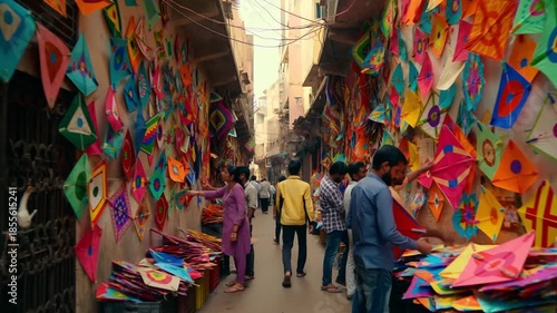 Vibrant street scene in a narrow ahmedabad lane with walls covered in hundreds of colorful geometric kites for sale during the uttarayan festival preparations concept of festive commerce 