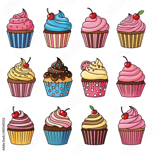 Colorful cupcakes with frosting and cherries.