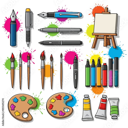 Colorful art supplies and painting tools.