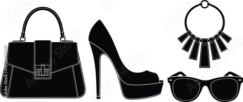 Fashion accessory silhouette set with handbag, high heel, necklace, and sunglasses for style, branding, and design themes.