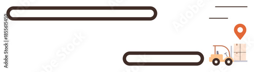 Forklift transporting cargo boxes with a location marker and streamlined pathways. Ideal for logistics, delivery, supply chain, transportation, warehouse management, efficiency, simple flat metaphor