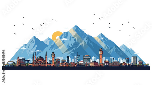 Urban skyline with mountains and sun