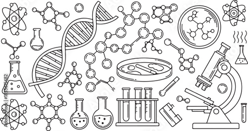 Science laboratory equipment and biological molecules illustrations