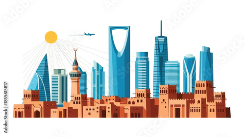 Middle Eastern city skyline illustration blending traditional architecture with modern skyscrapers, symbolizing urban development and cultural heritage in the vibrant region