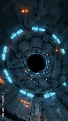 Moving Through Sci-Fi Tunnel With Lights and Intricate Geometric Design