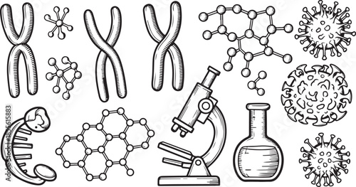 Black and white illustration of various science and biology related objects