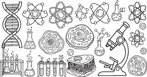 Science and biology illustrations including dna microscope and lab equipment