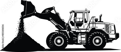 Front-end loader dumping material line drawing with rugged tires and cabin for construction, machinery, and educational themes.