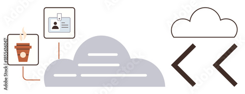 Cloud graphic connected to coffee cup and ID card, alongside coding brackets. Ideal for work-life balance, remote work, cloud computing, data integration, creativity, coding, and modern tech trends