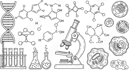 Black and white illustration of various science and laboratory elements