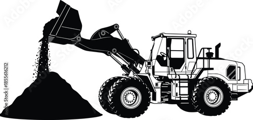 Front-end loader line drawing dumping material with rugged tires and cabin for construction, machinery, and educational themes.