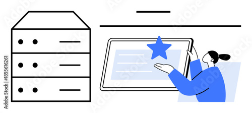 Data management, cloud storage, user interface design, digital workflow, platform engagement, online solutions. Server stack and person interacting with a tablet, a star. Data management and user