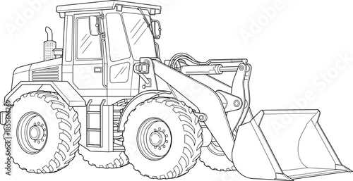 Front-end loader line drawing with rugged tires, cabin, and hydraulic bucket for construction, machinery, and educational themes.