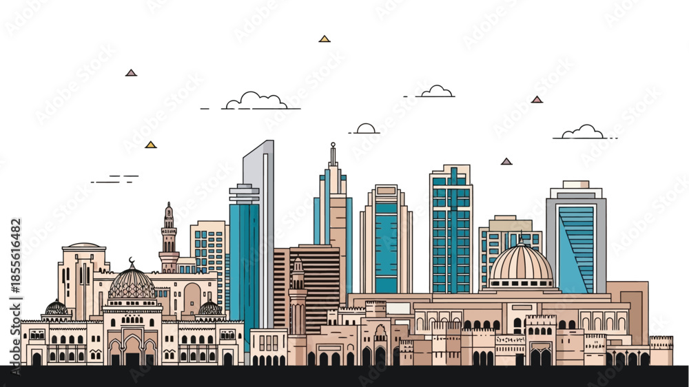 Obraz premium Dynamic City Skyline Illustration with Modern Skyscrapers and Traditional Domes showcasing Urban Architecture and Cultural Heritage