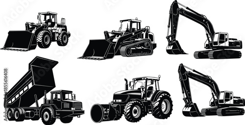Heavy machinery silhouette set with excavators, loaders, dump truck, and tractor for construction, agriculture, and industrial themes.