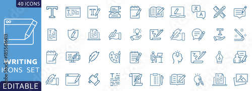 Writing icon set. Containing write,  note, pen, pencil, edit, writer, document, text Etc. line Icon Collection. Fully Editable . Vector illustration.
