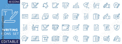 Writing icon set. Containing write,  note, pen, pencil, edit, writer, document, text Etc. line Icon Collection. Fully Editable . Vector illustration.