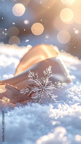 A shimmering glass snowflake rests upon snow with warm, out-of-focus bokeh lights in the background.