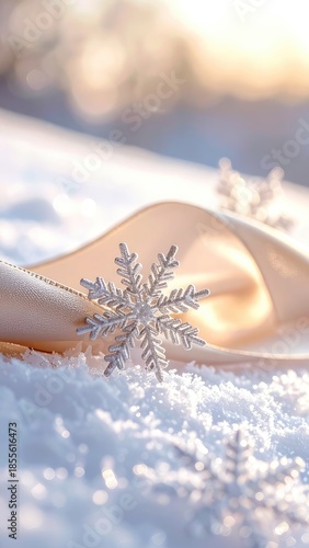 A sparkling silver snowflake decoration rests upon soft snow beside a glowing, curved ribbon.