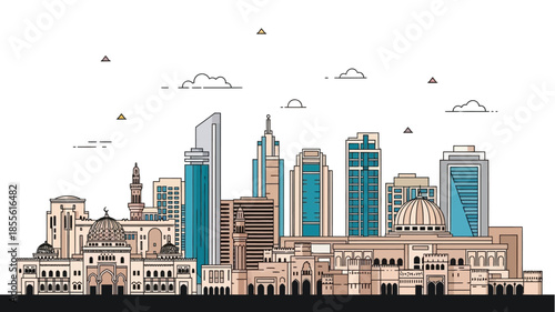 Dynamic City Skyline Illustration with Modern Skyscrapers and Traditional Domes showcasing Urban Architecture and Cultural Heritage