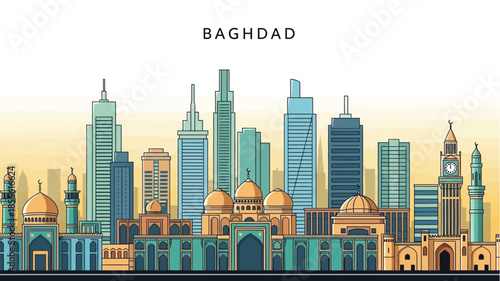 Illustrated Baghdad city skyline at sunset, showcasing a vibrant urban landscape with a blend of modern skyscrapers and traditional Middle Eastern Islamic architecture